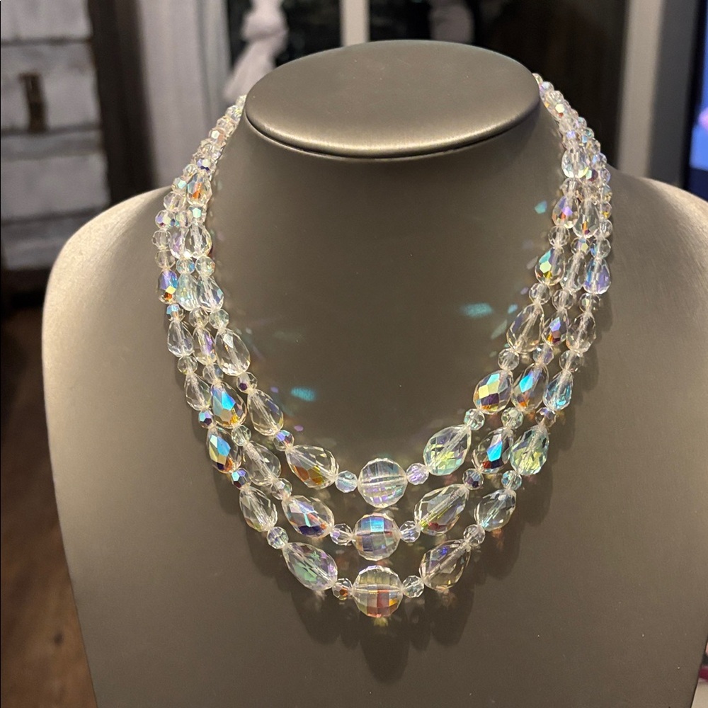 Vintage Faceted AB Crystal Multi-Strand Crystal Necklace - rainbow